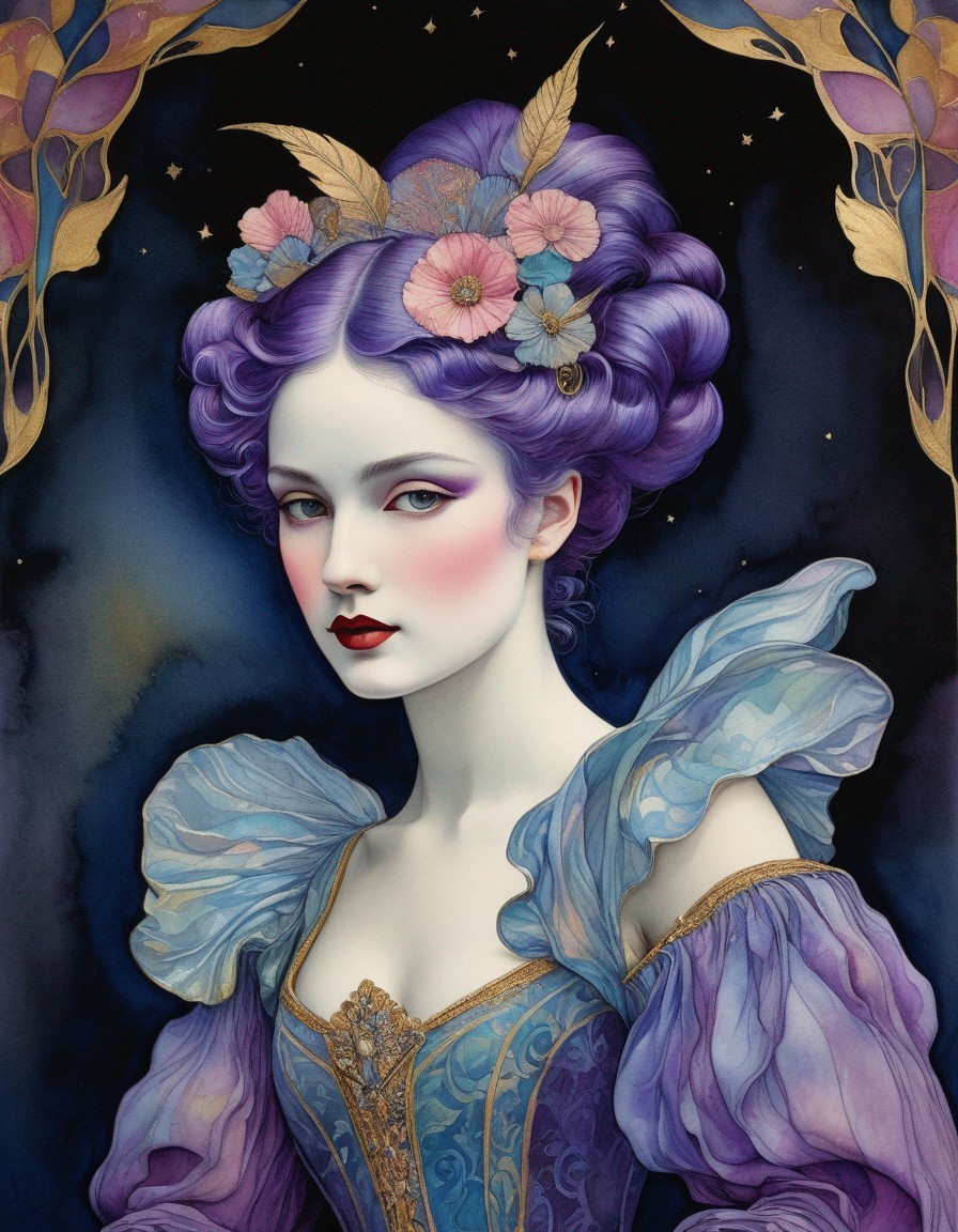 Illustration of woman with purple hair and flower adornments in blue dress on dark background