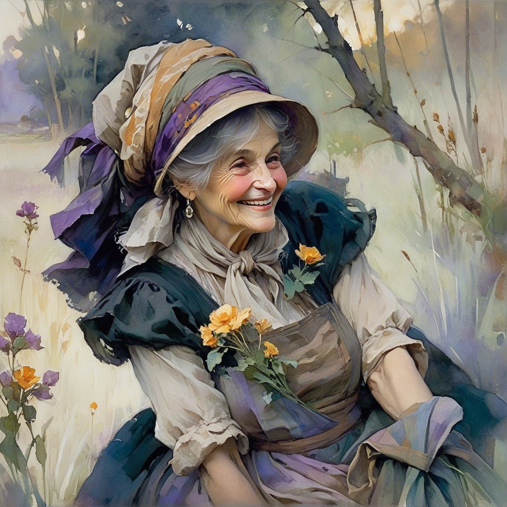Elderly Woman in Colorful Dress with Yellow Flowers