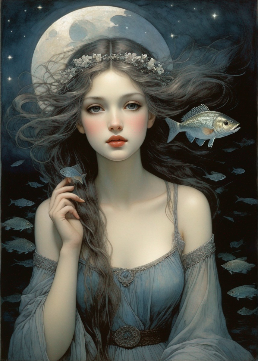 Ethereal portrait of a woman with braided hair, moon halo, blue dress, fish,