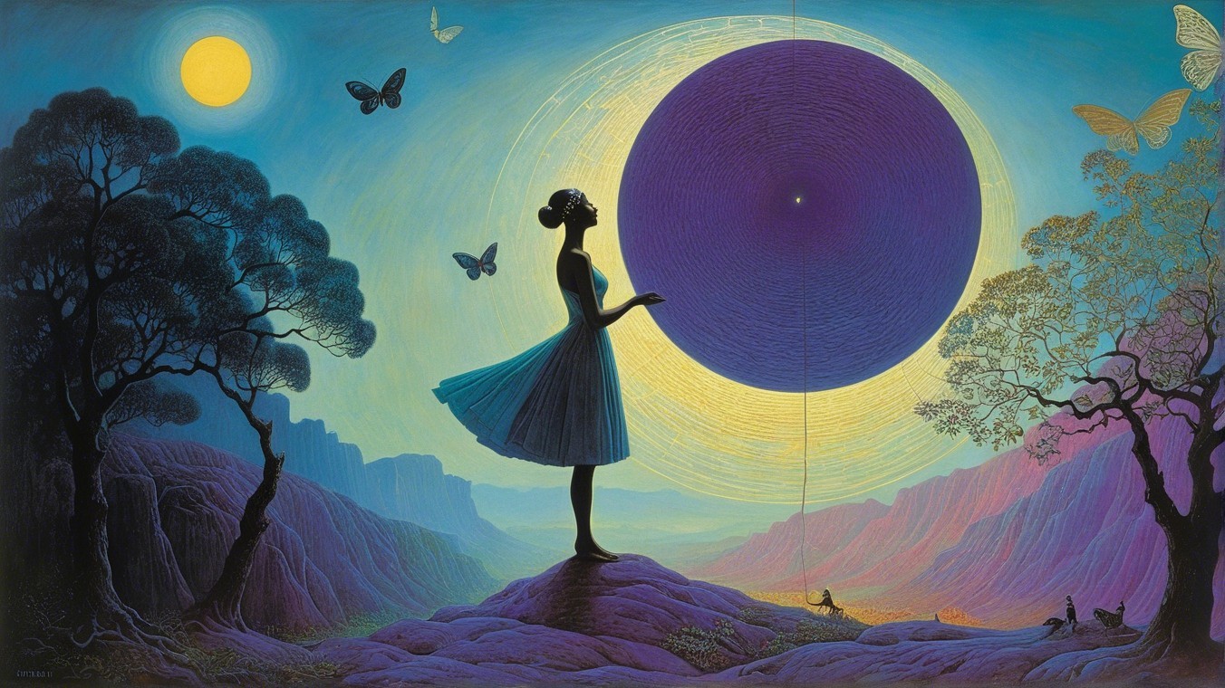 Silhouette of a Woman with Purple Sky and Butterflies
