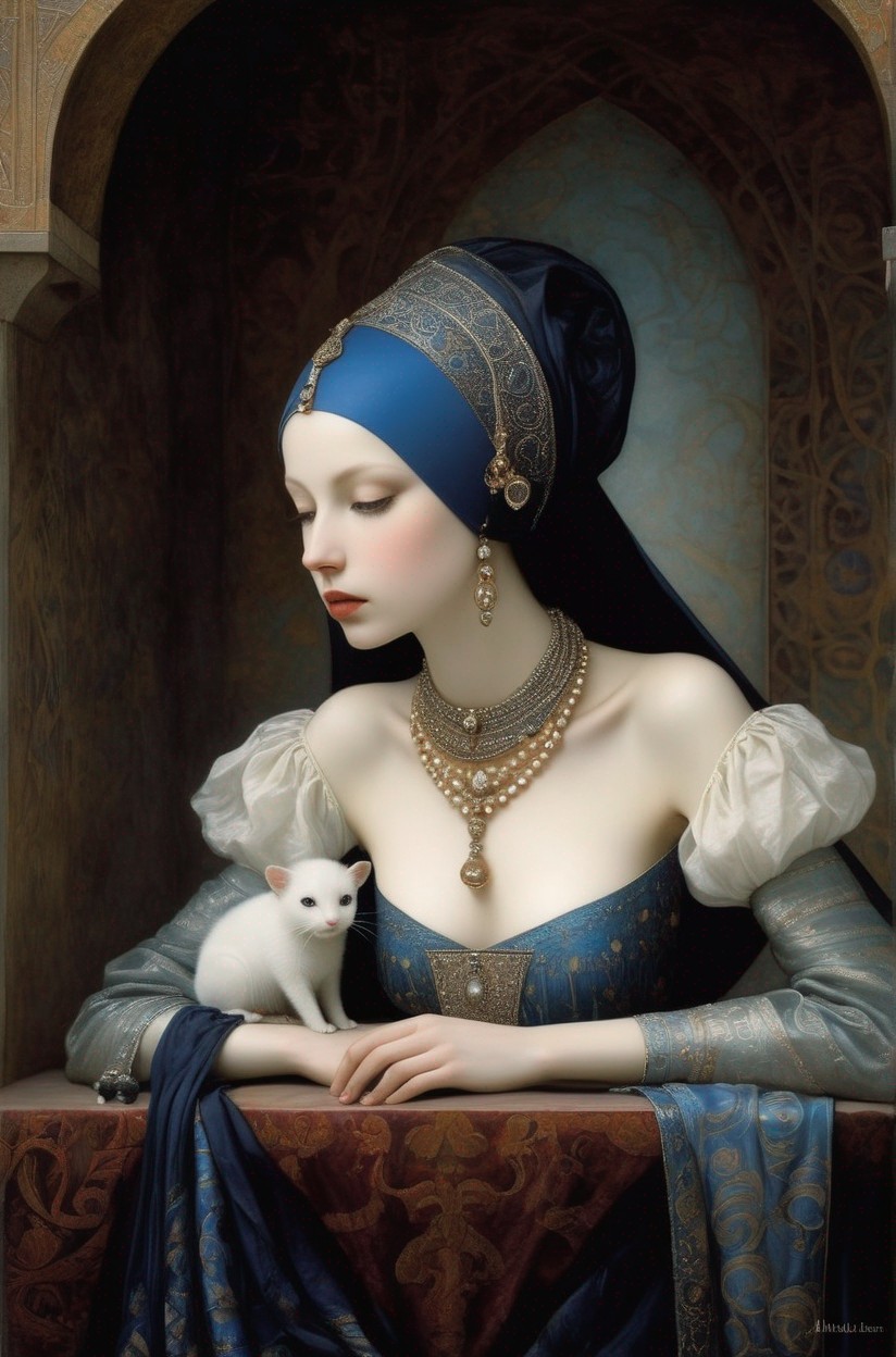 Medieval woman in blue gown holding white cat against ornate backdrop
