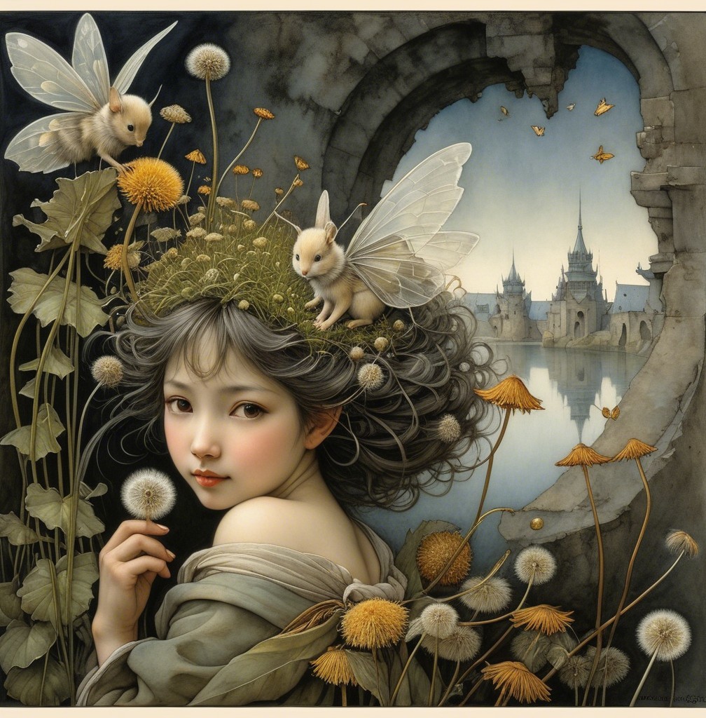 Young girl in mystical landscape with fairies and castle
