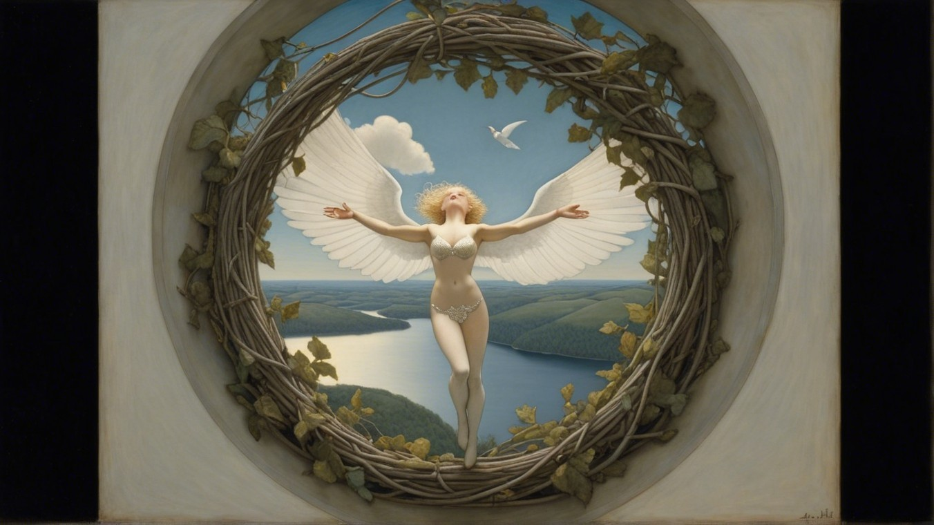 Ethereal figure with wings in a vine nest setting