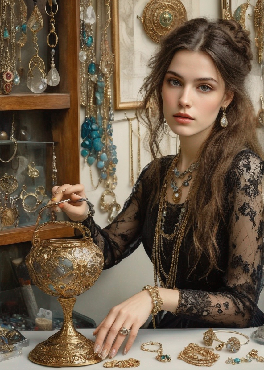 Woman in Black Lace Dress with Vintage Jewelry and Goblet