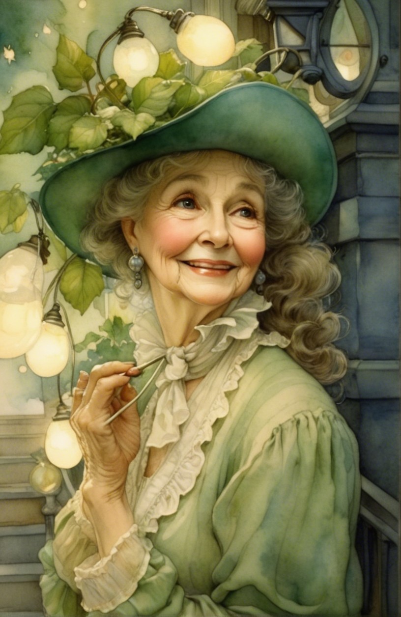 Elderly Woman in Green Hat with Lanterns Background