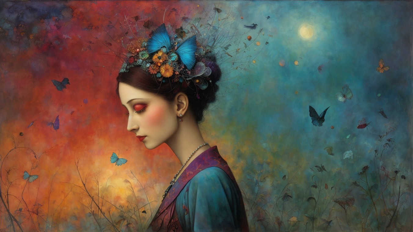 Profile of a Woman with Floral Crown and Butterflies