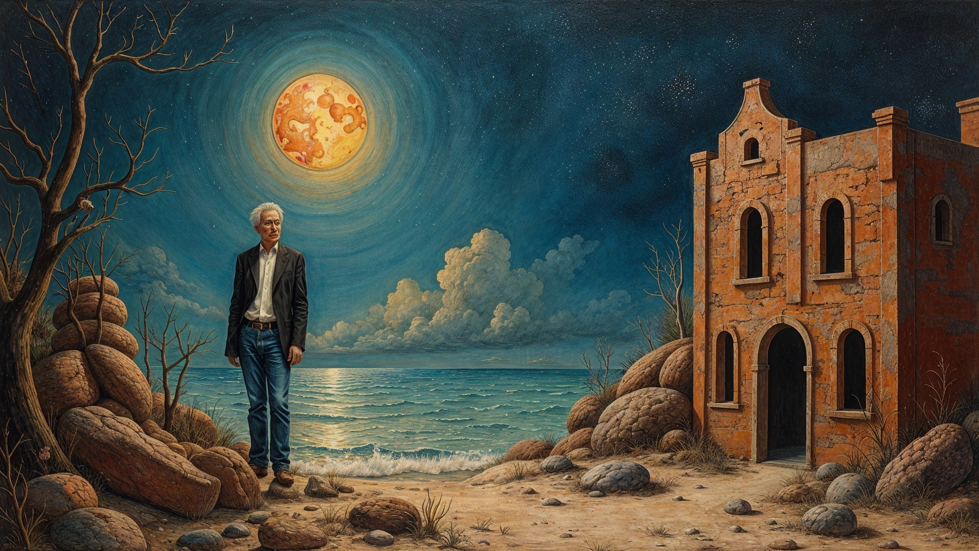 Solitary Figure by Ocean Under Vibrant Moonlight