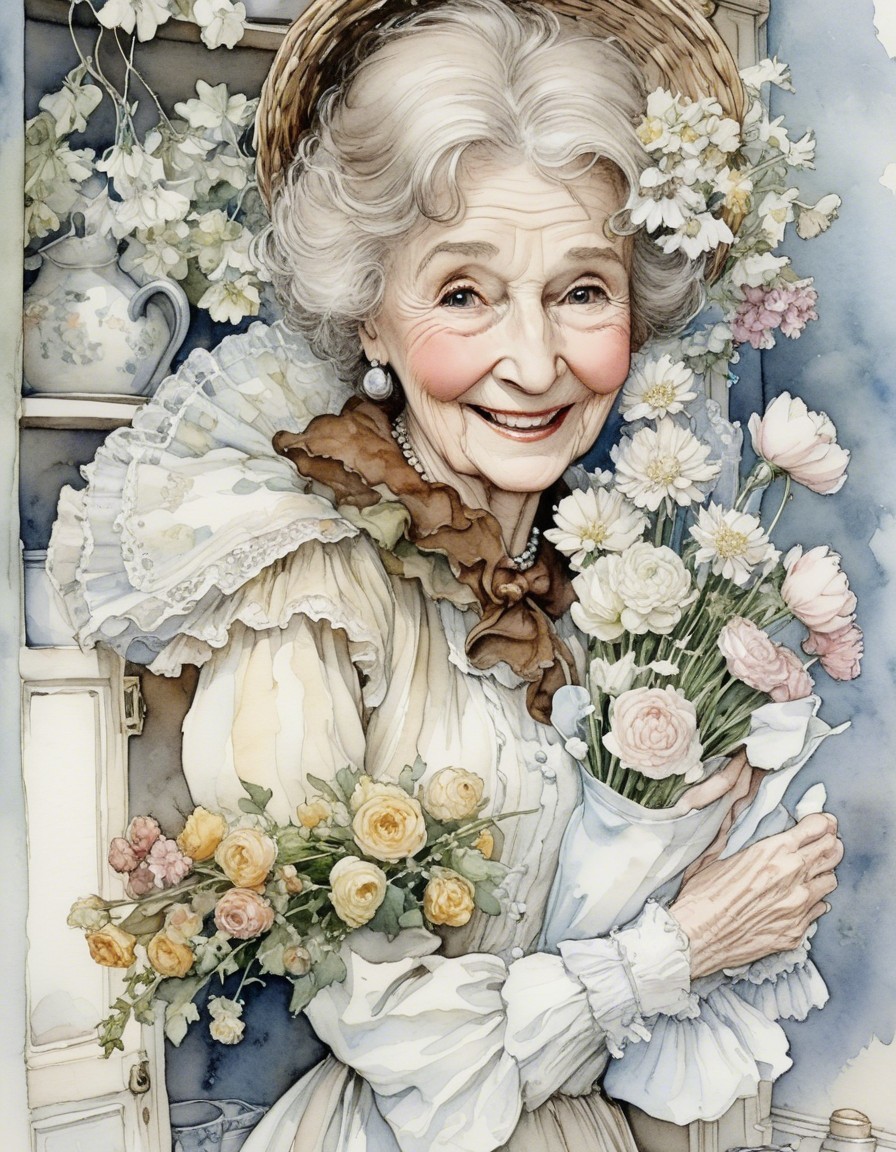Cheerful Elderly Woman with Flowers in Vintage Dress