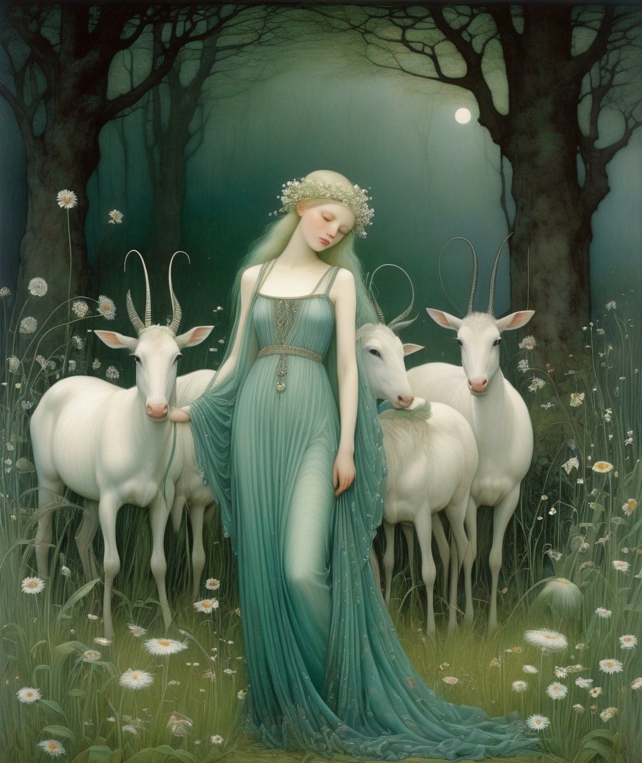Woman in teal gown with floral wreath surrounded by white deer in moonlit forest clearing