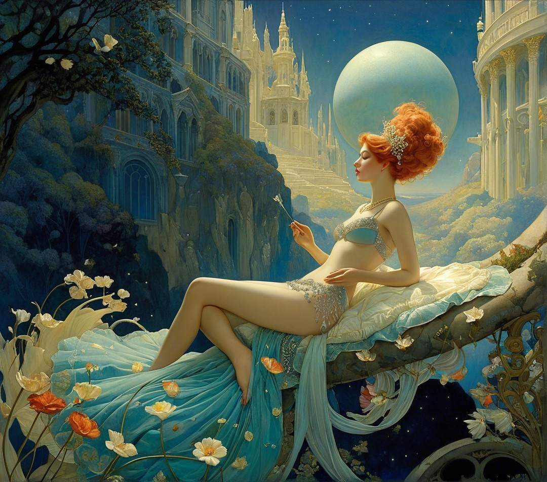 Celestial Scene with Figure, Flowers, and Castle