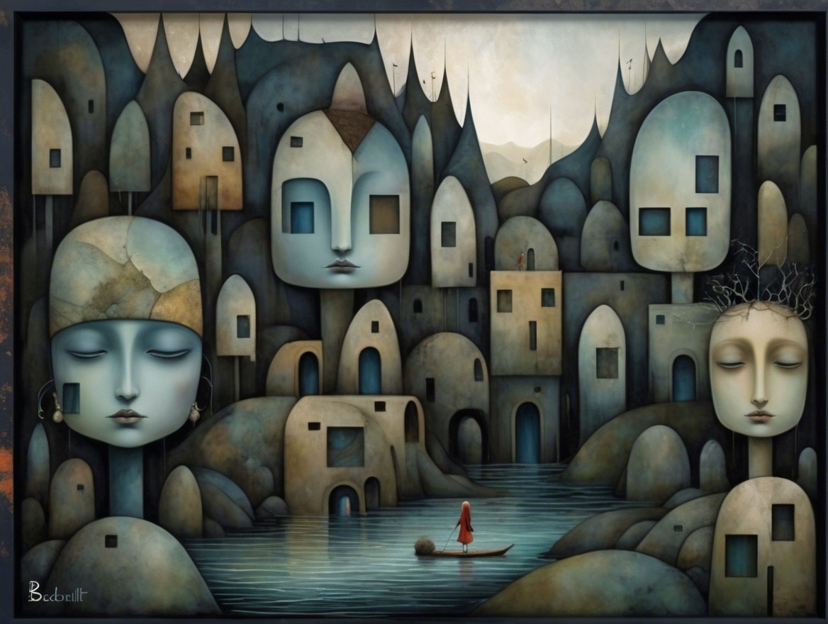 Surreal Landscape with Stylized Faces and Abstract Buildings