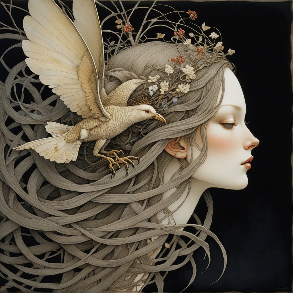 Serene Woman Profile with Floral Hair and Bird