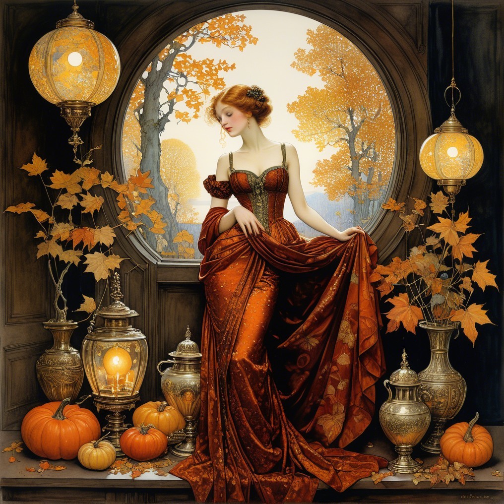 Woman in Autumn Gown by Window with Seasonal Decor