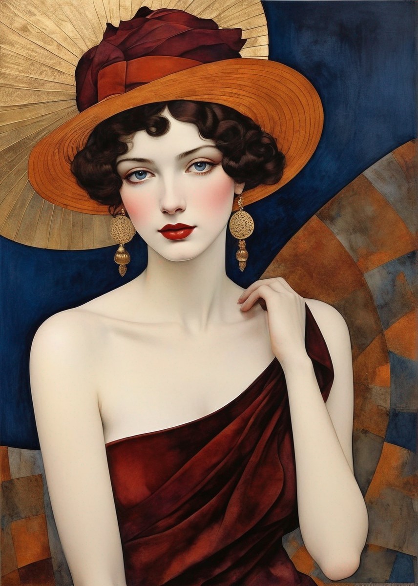 Illustration of a woman in orange hat and red dress