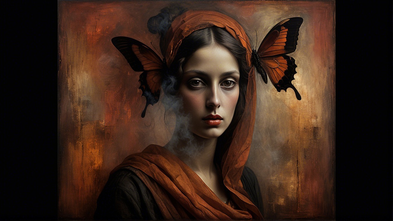 Young Woman with Orange Scarf and Butterflies