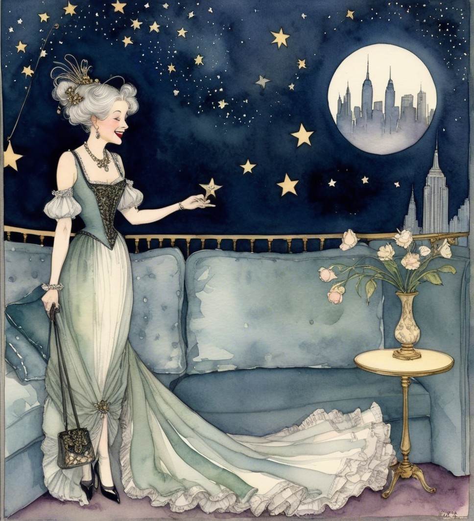 Elegant Woman on Balcony with Starry Night Sky
