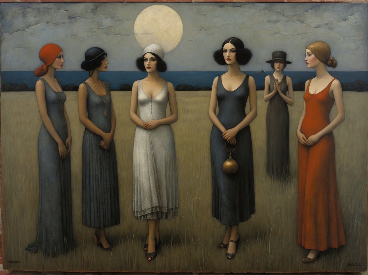 Surreal Digital Painting of Six Women Under Moonlight