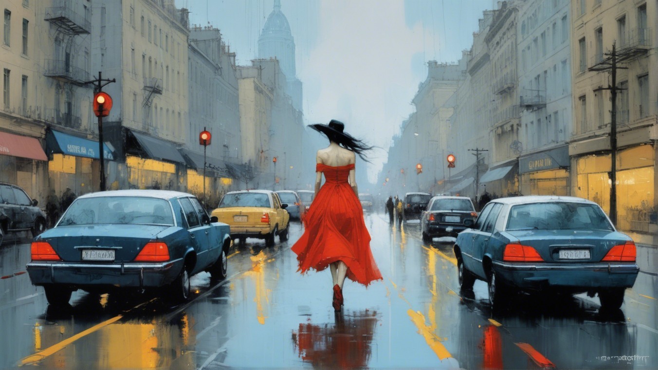 Woman in Red Dress on Rainy Urban Street