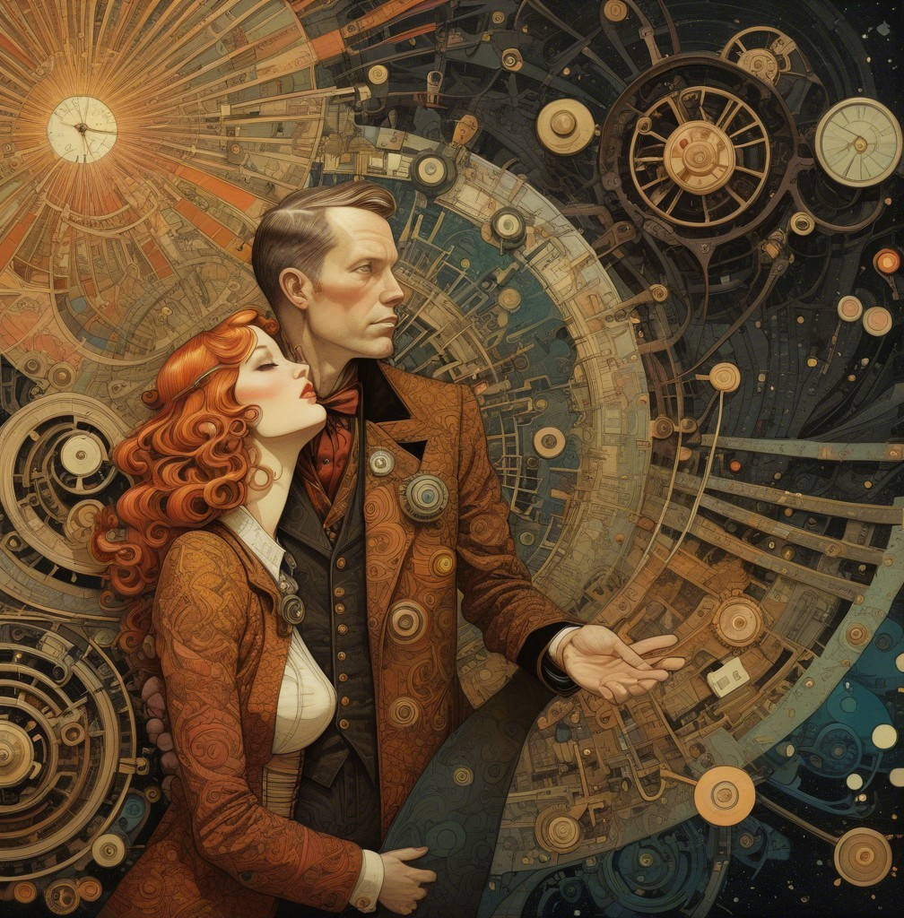 Steampunk Couple in Vintage Attire with Gears Background