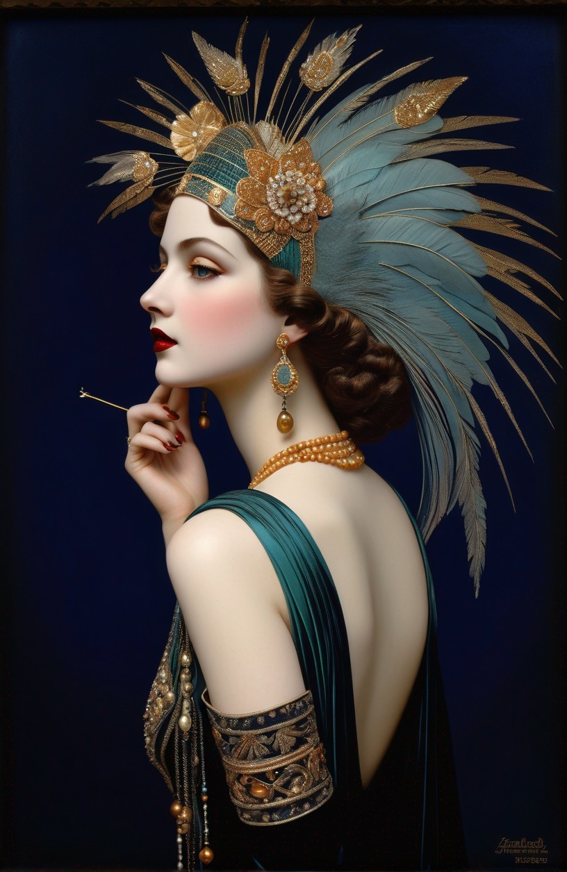 Stylized portrait of a woman in teal and gold attire