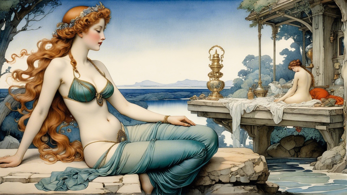Elegant Women in Serene Landscape with Tranquil Water