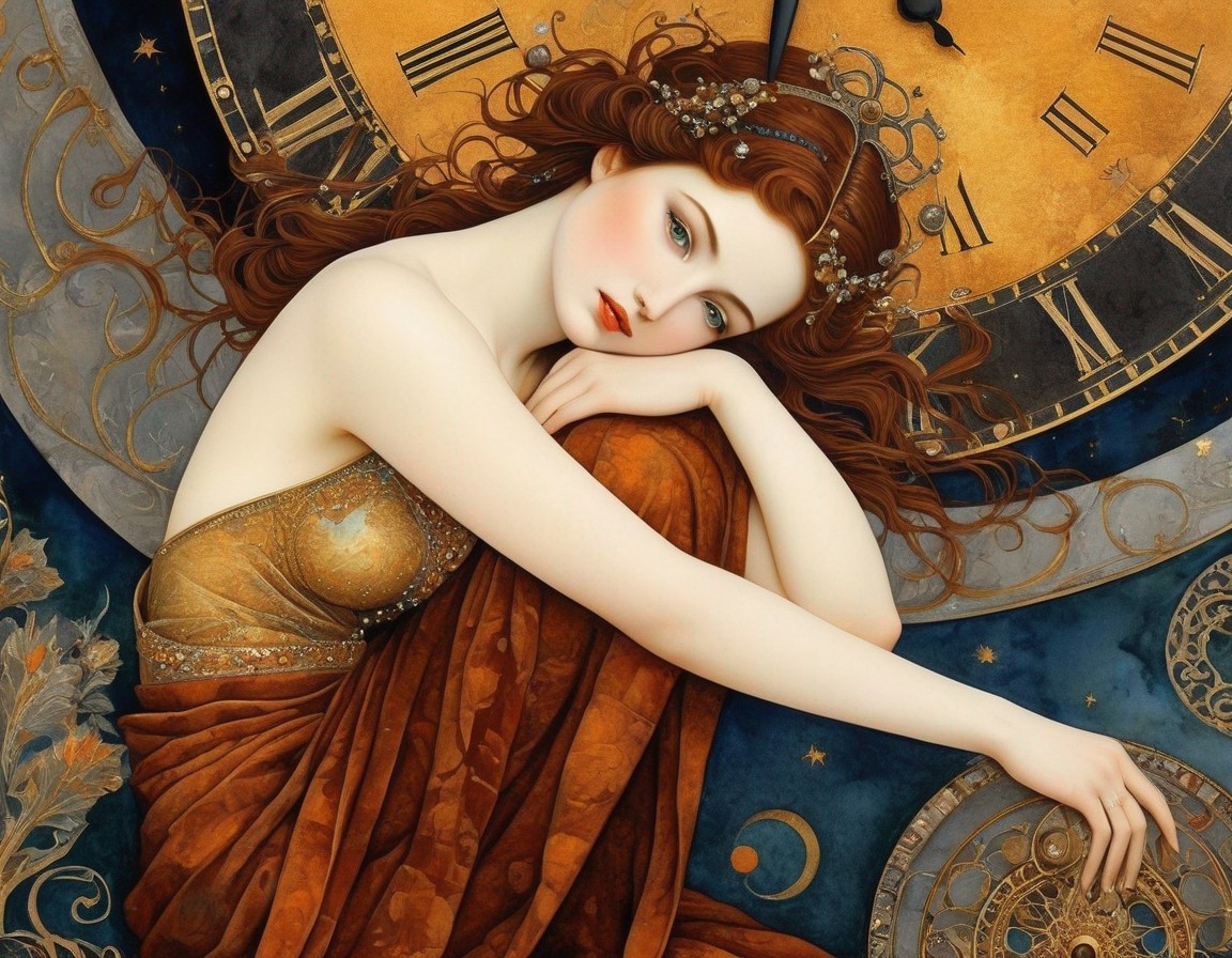 Serene Woman in Golden Gown Against Celestial Clocks