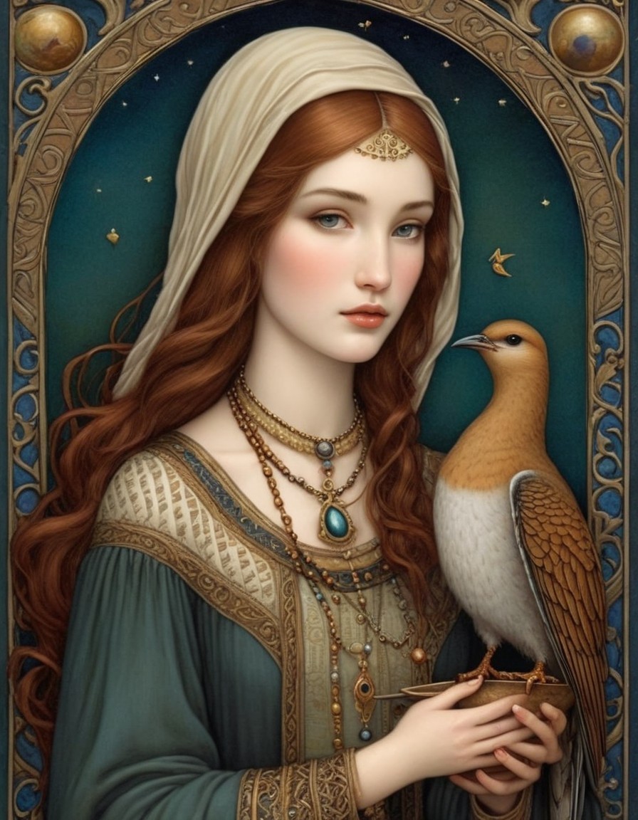 Medieval Woman with Red Hair and Celestial Background