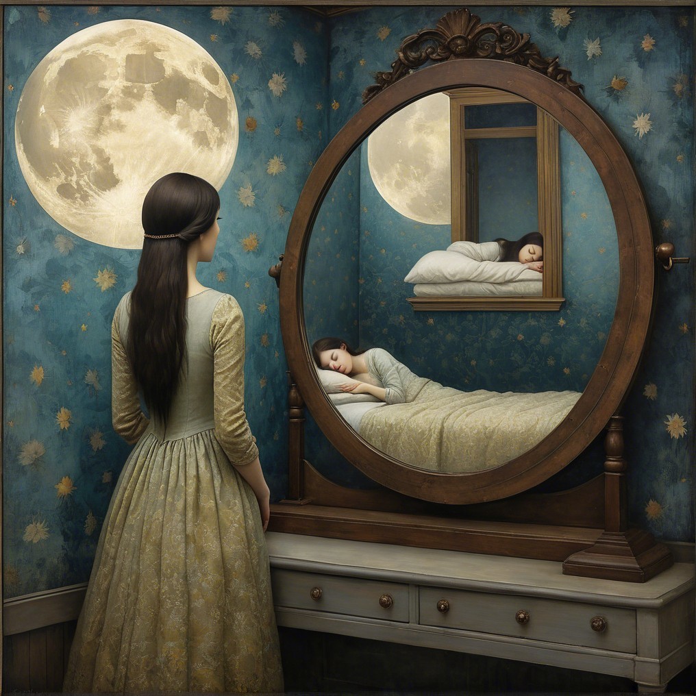 Young Woman in Gown Reflects in Ornate Mirror Scene