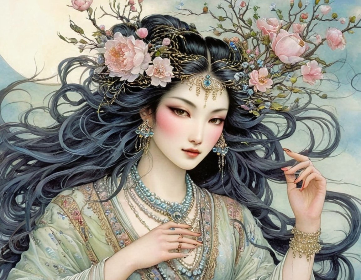 Illustration of a woman with dark hair and flowers
