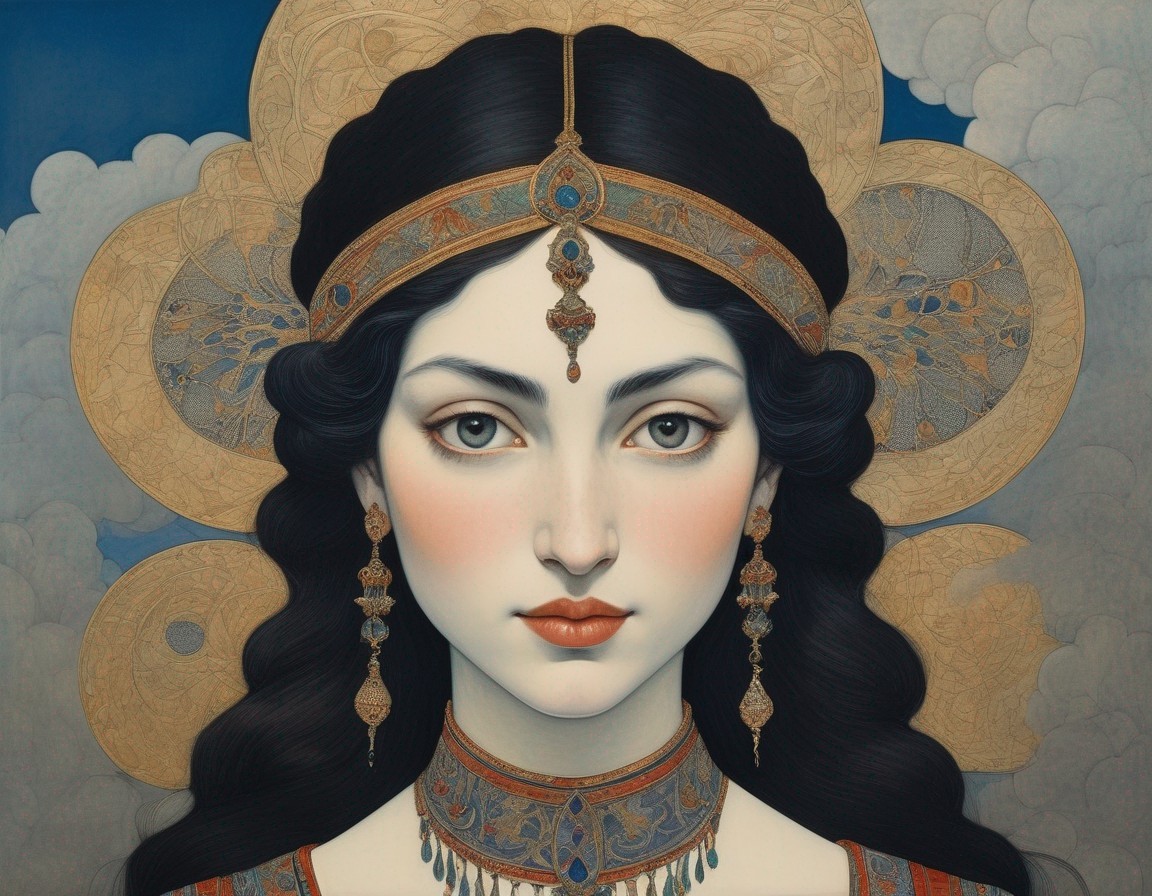 Portrait of a Woman with Gold Ornaments and Vibrant Garment