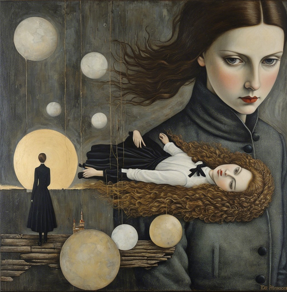 Surreal Artwork with Figures and Ethereal Moons