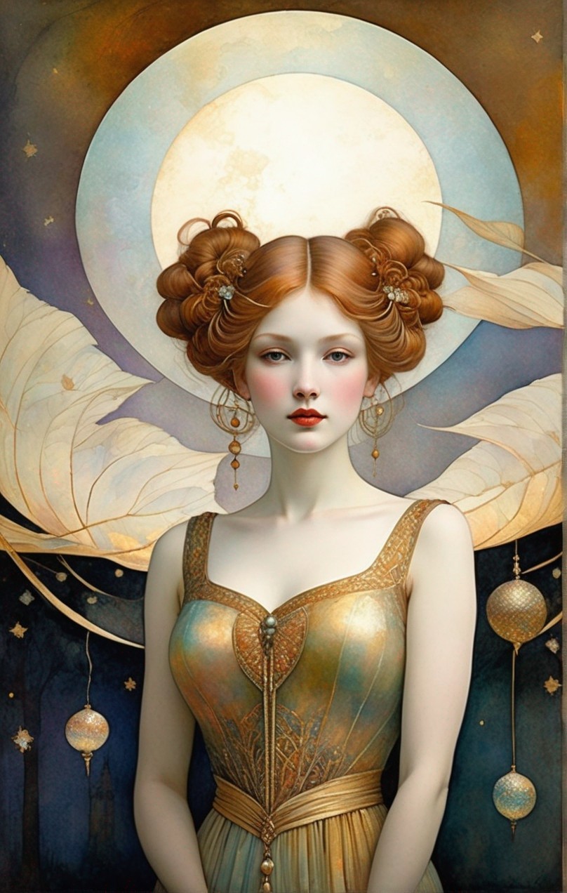 Ethereal woman portrait with celestial motifs in warm tones