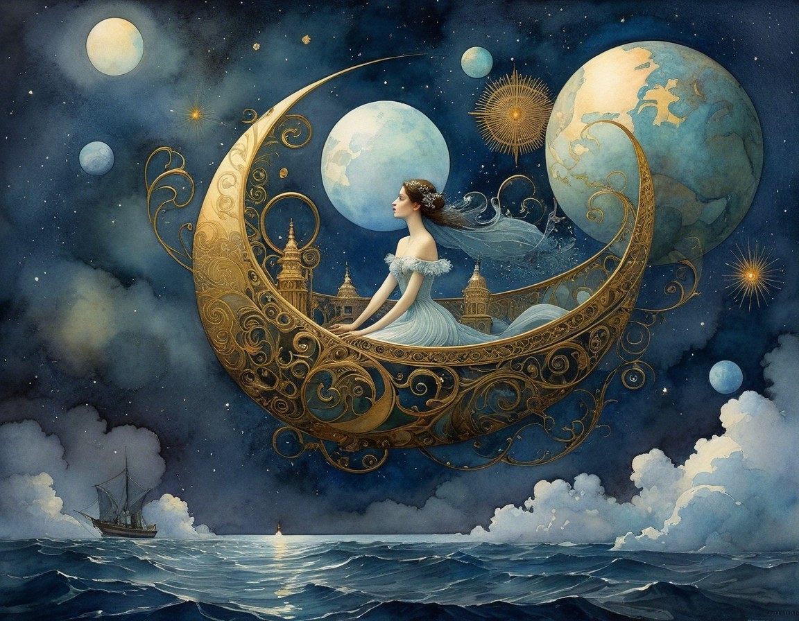 Serene Maiden on Crescent Moon with Cosmic Backdrop