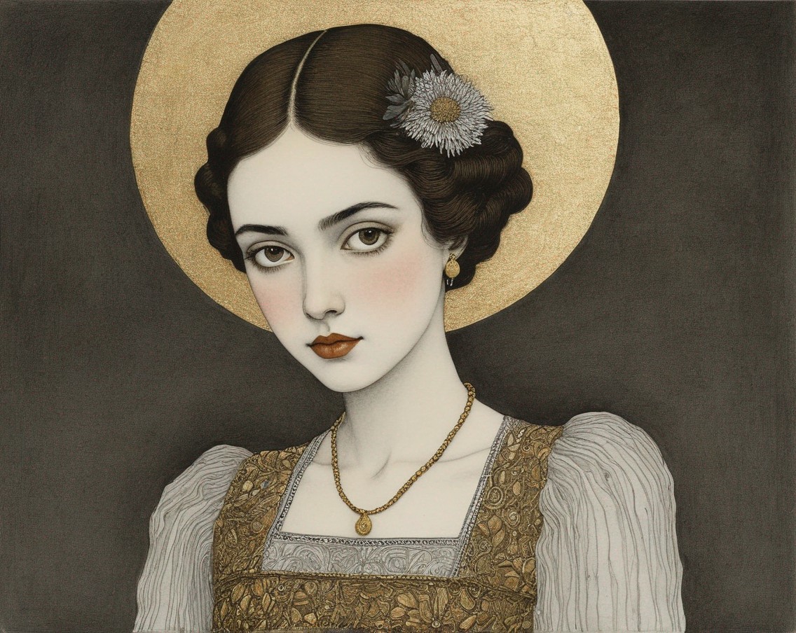 Vintage Portrait of a Woman with Halo and Linework
