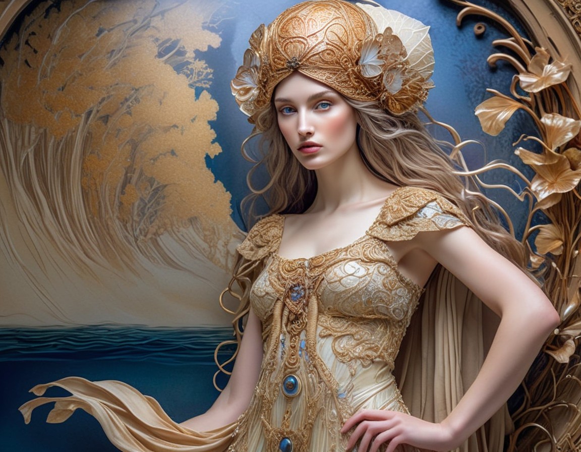 Fantasy portrait of woman in ornate golden attire against blue and gold backdrop