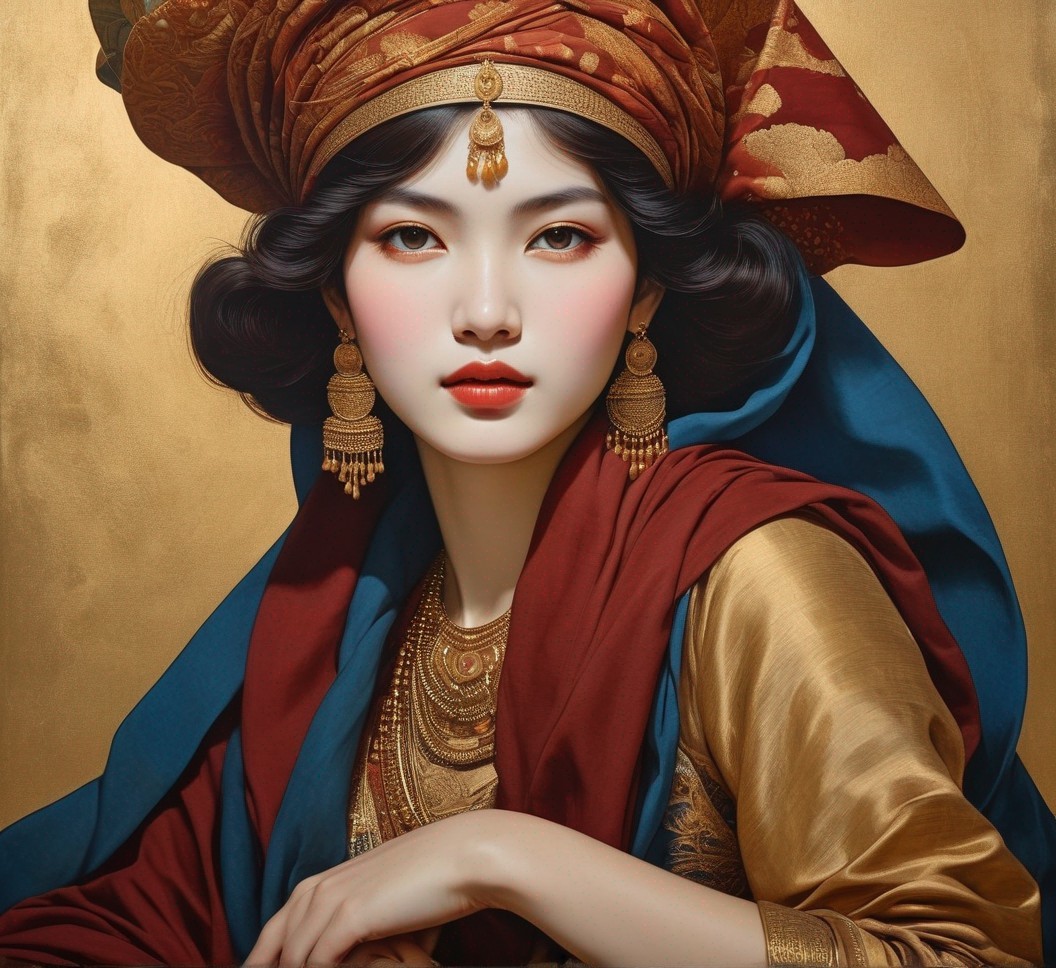 Portrait of a Woman in Vibrant Fabrics and Gold Backdrop