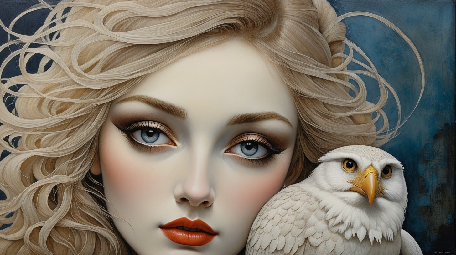 Headshot of a young woman with owl on shoulder