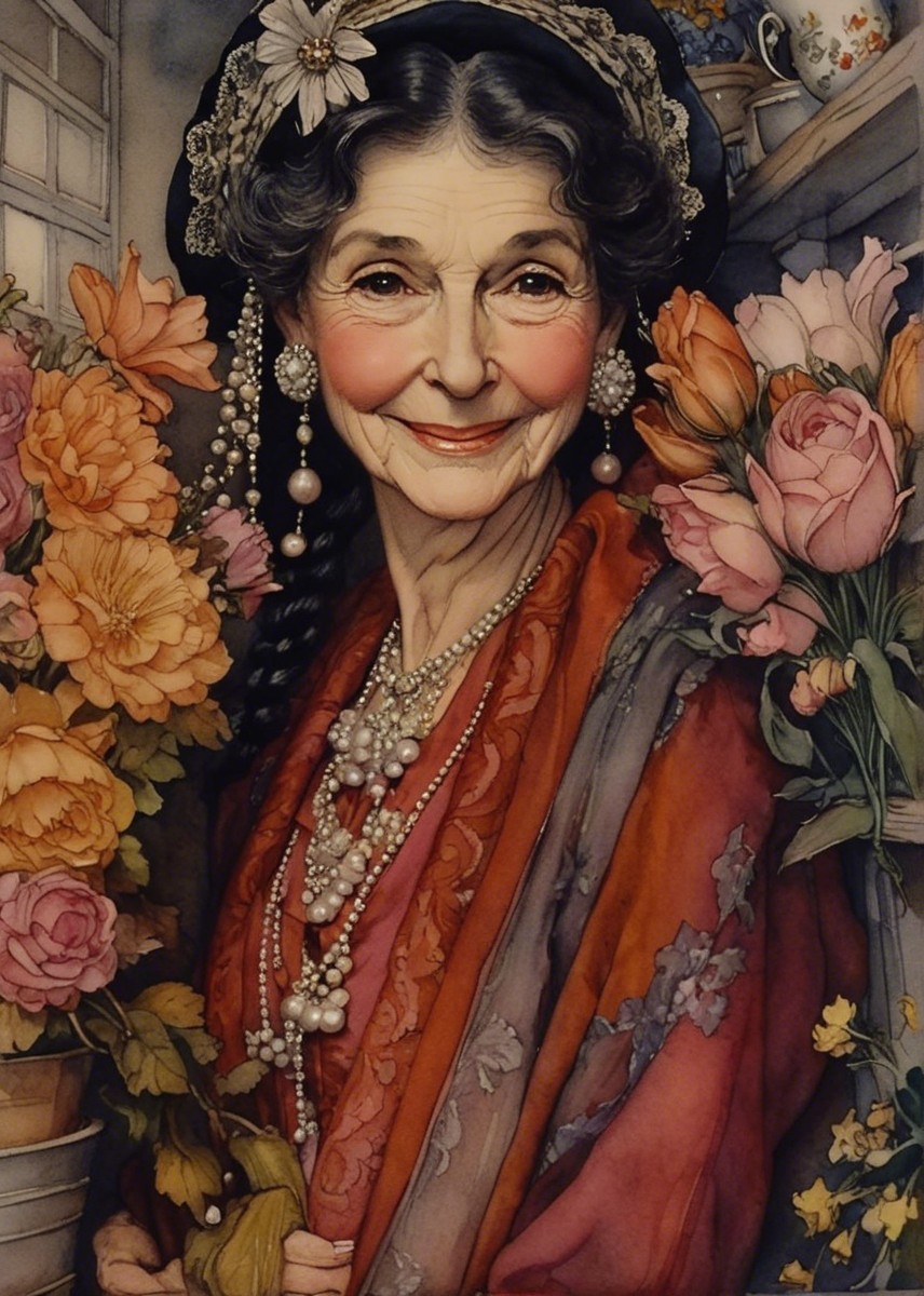 Elderly Woman in Floral Setting with Elegant Attire