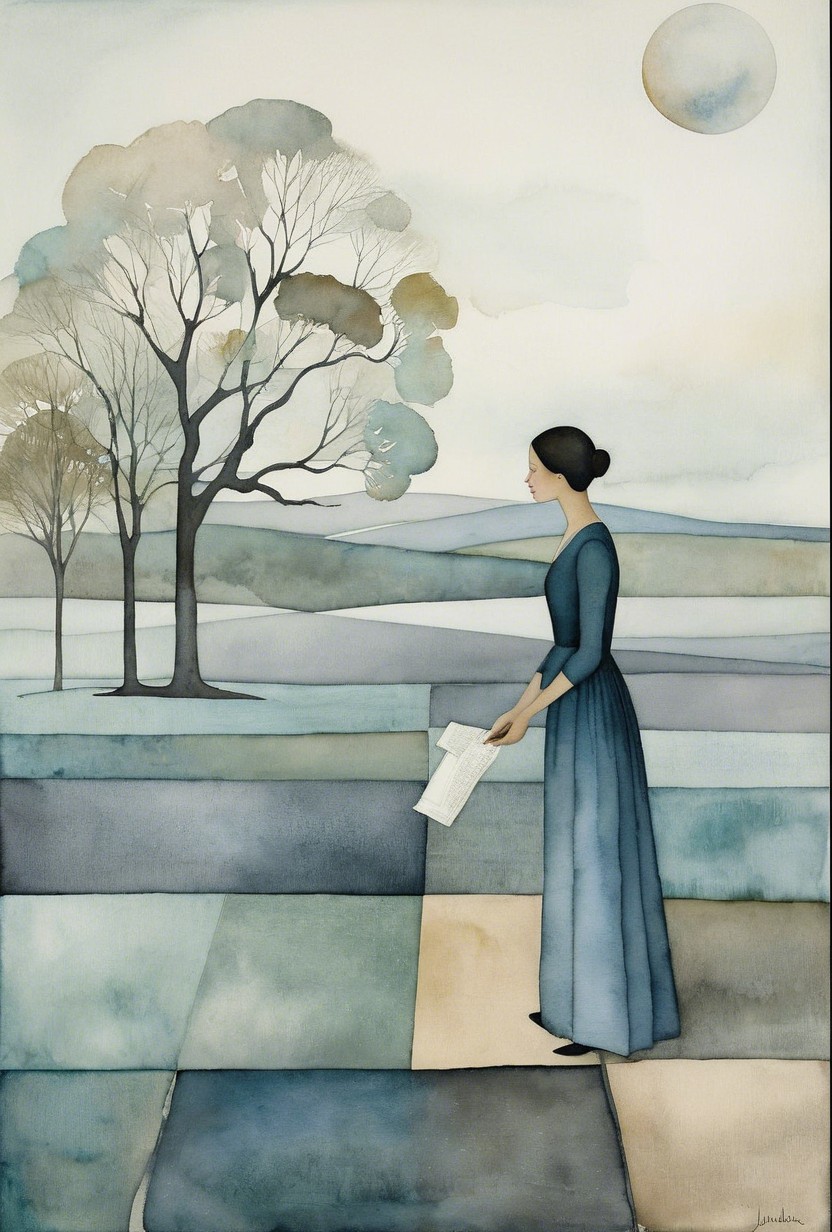 Serene Artwork of Woman in Blue Dress in Landscape
