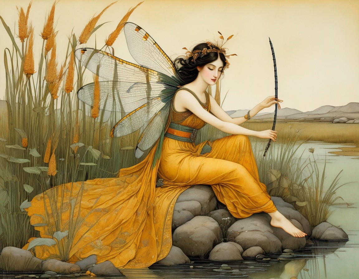 Graceful Female Figure with Wings by Water and Reeds