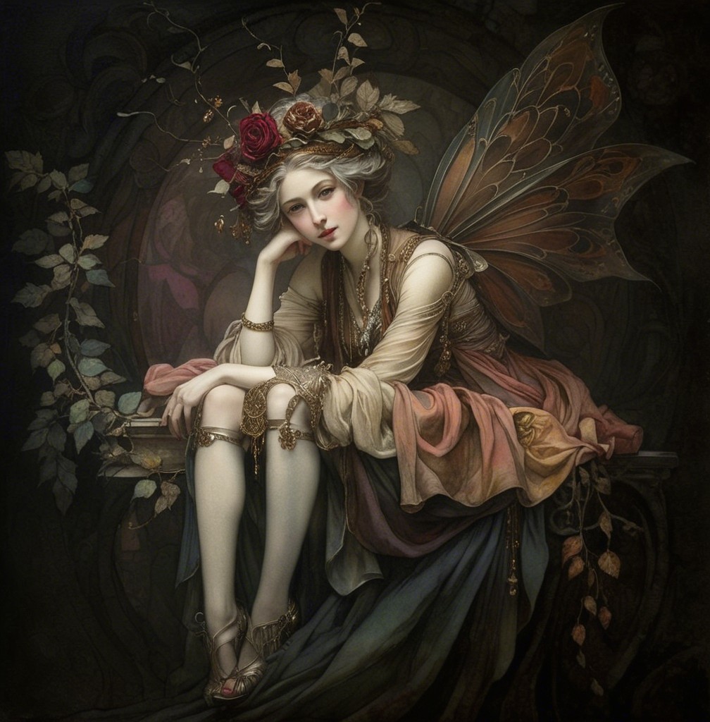 Delicate fairy with butterfly wings in enchanting setting