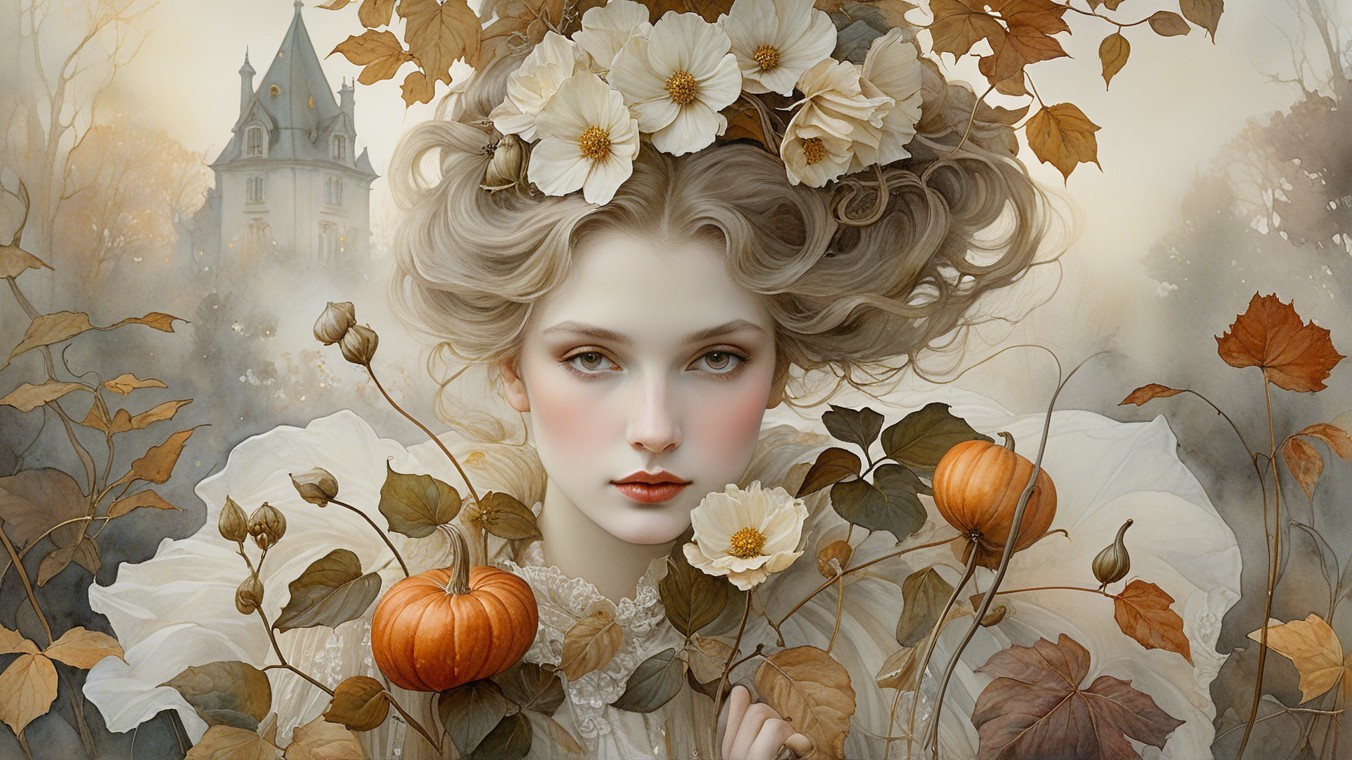 Ethereal Woman in Misty Landscape with Gothic Mansion