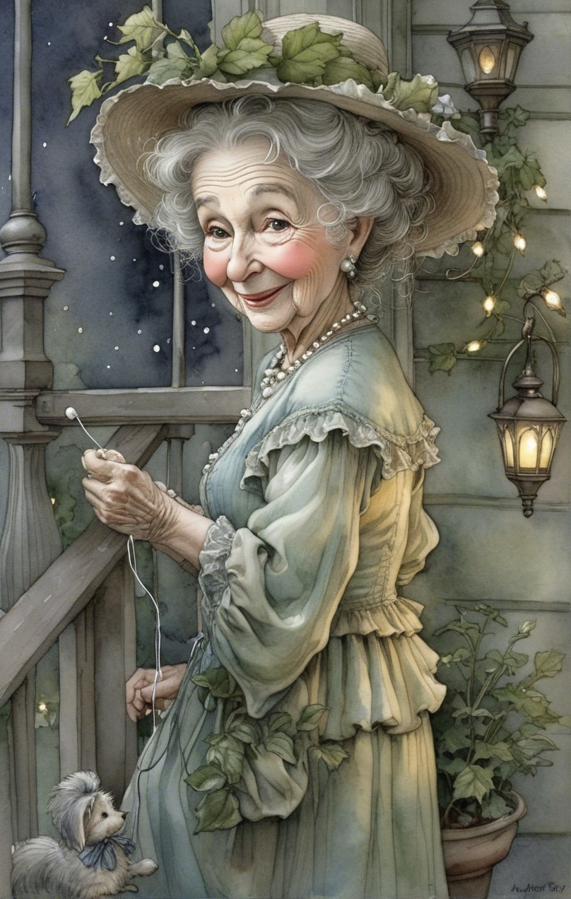 Elderly Woman on Porch with Lanterns and Dog