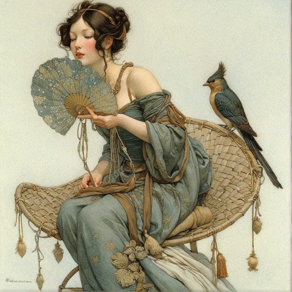 Elegant Woman in Blue Gown with Delicate Fan and Bird