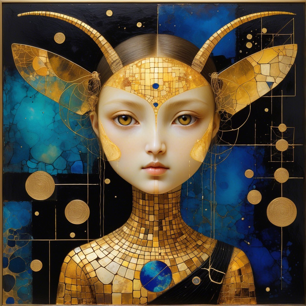 Ethereal Female Figure with Golden Hues and Patterns