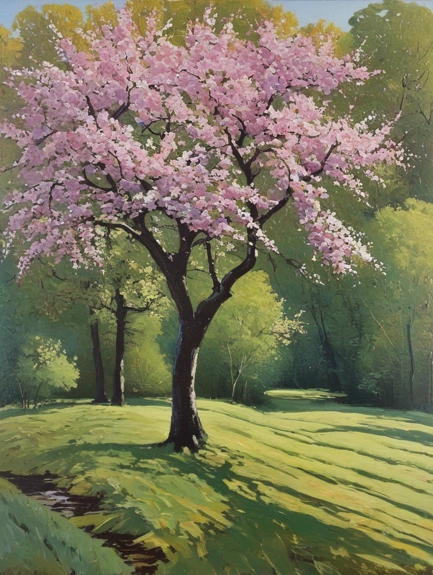 Vibrant Landscape with Blossoming Pink Tree and Grass