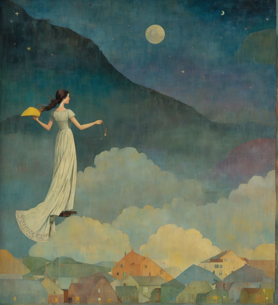 Serene Night Scene with Woman and Colorful Village