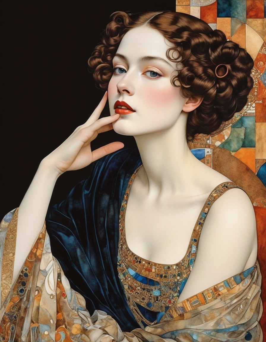 Portrait of woman with curly brown hair, fair skin, red lips in dark blue dress and shawl
