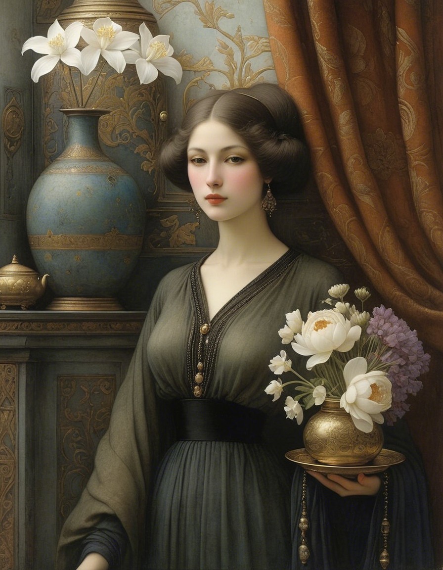 Elegant Woman in Dark Gown with Floral Accents