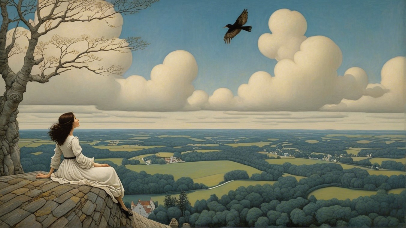 Serene landscape with a woman in a white dress